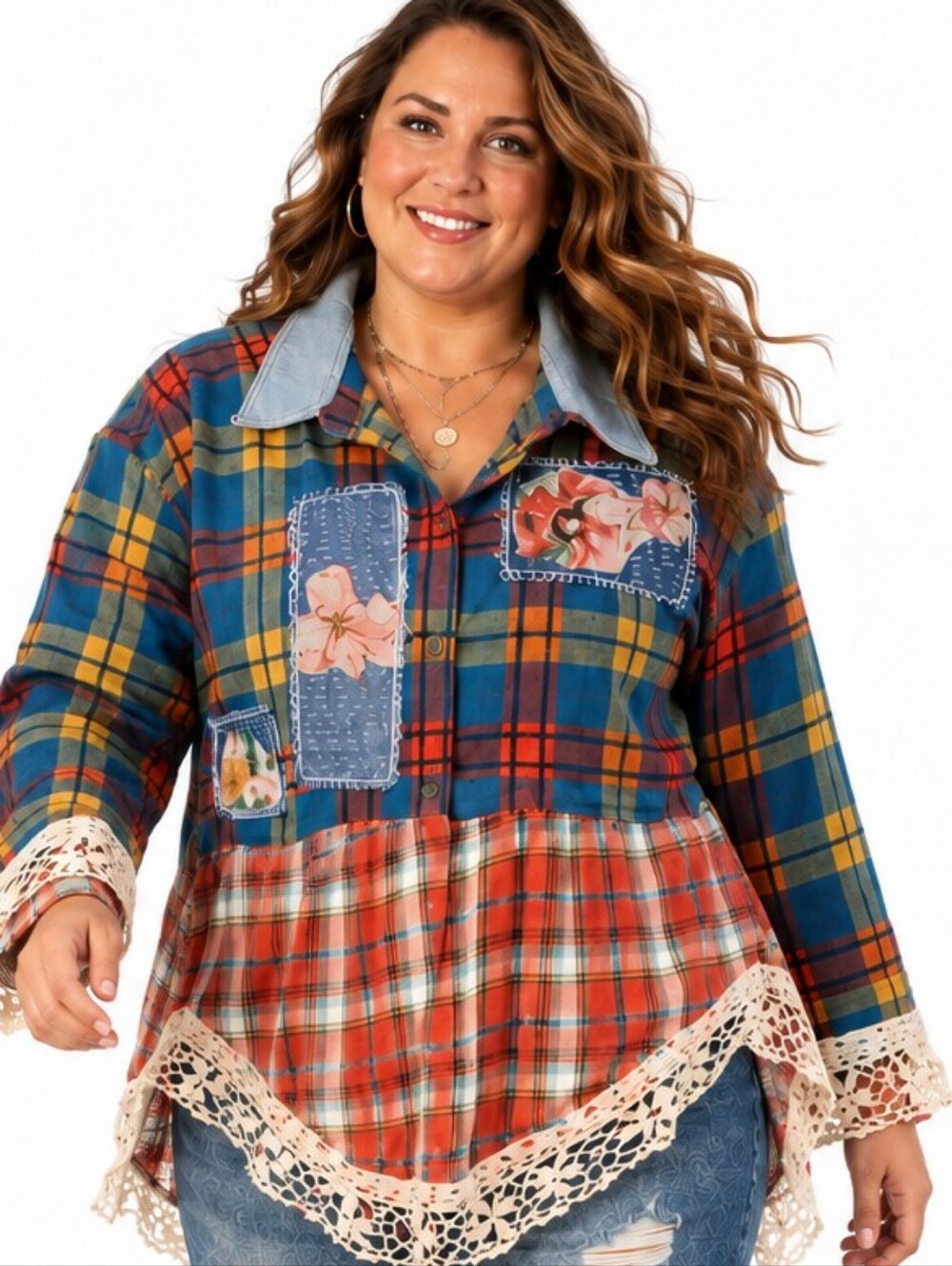 Plus-Size Plaid Patchwork Flare Top in Blue & Orange